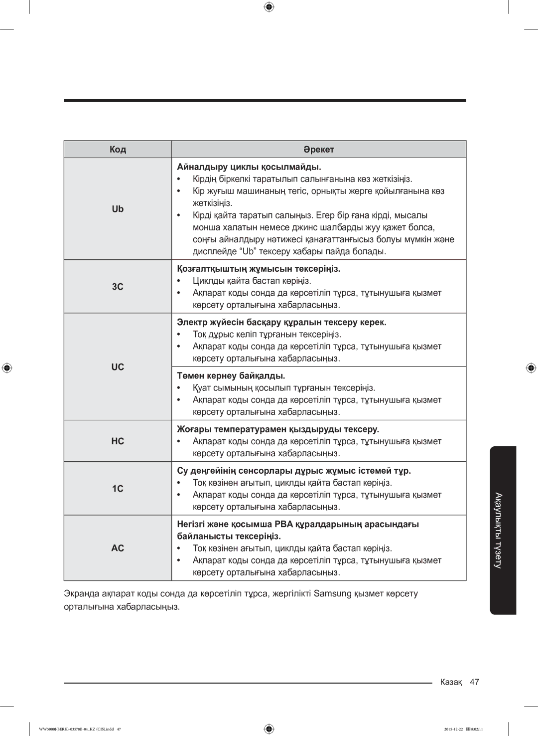 Samsung WW60J5213HSDLP manual Казақ 47 